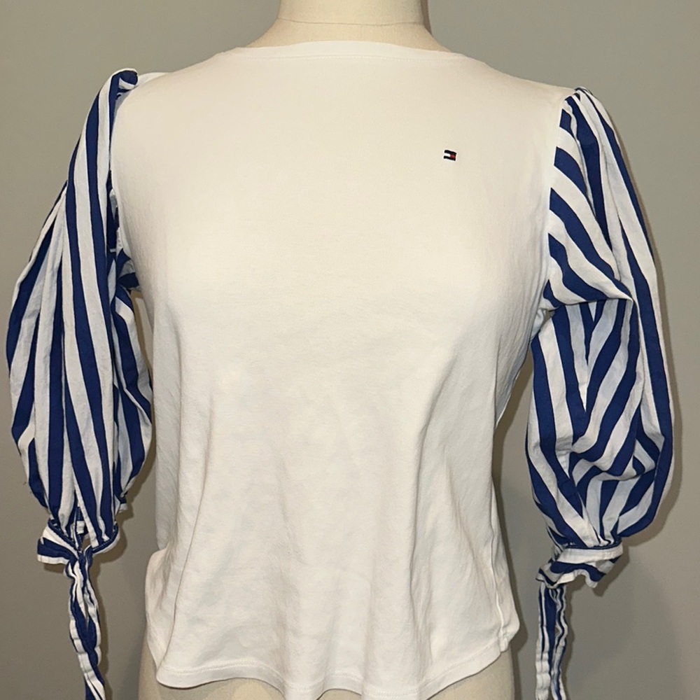 Tommy Hilfiger Women's White Top with Blue Striped Sleeves